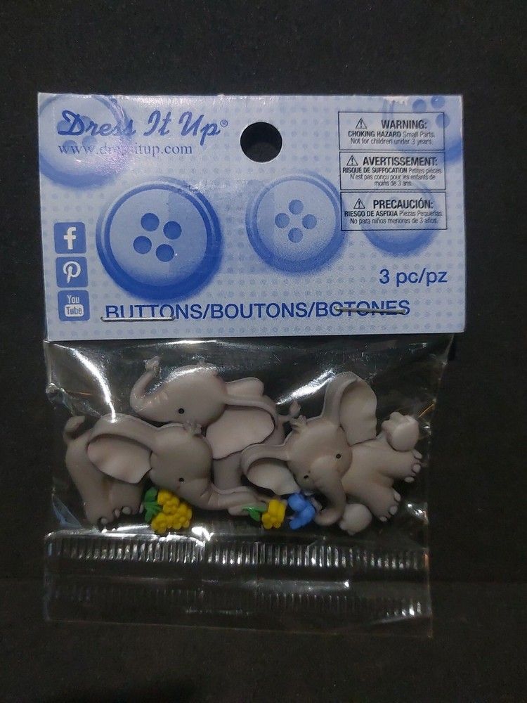 Dress it IT Up 3D Buttons Elephants Tiny Trunks 3 pc. Brand New Sealed
