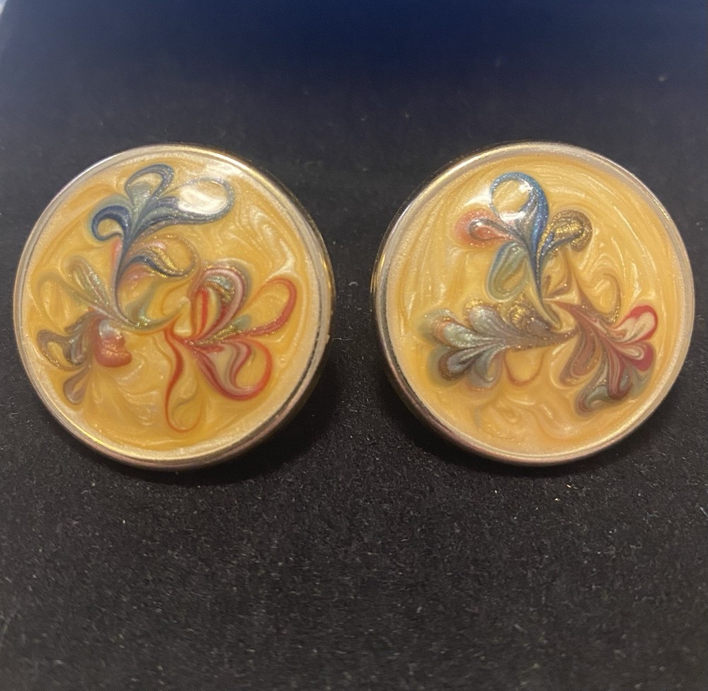 Vintage Clip-On Round Earrings Featuring Yellow Multicolor Swirl Design