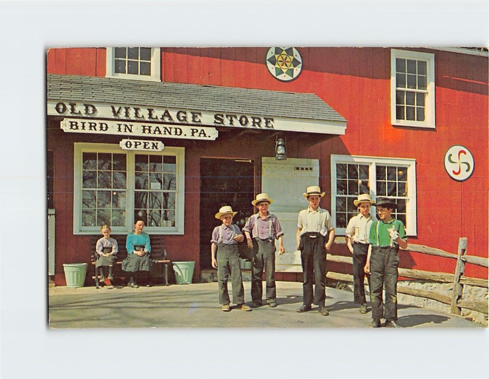 Postcard Group of Amish Children & Old Village Store Bird in Hand Pennsylvania