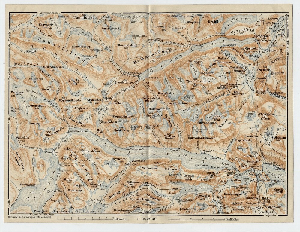 1909 Original Antique Map Of Vicinity Of Bygdin Tyin Lake / Jotunheimen / Norway