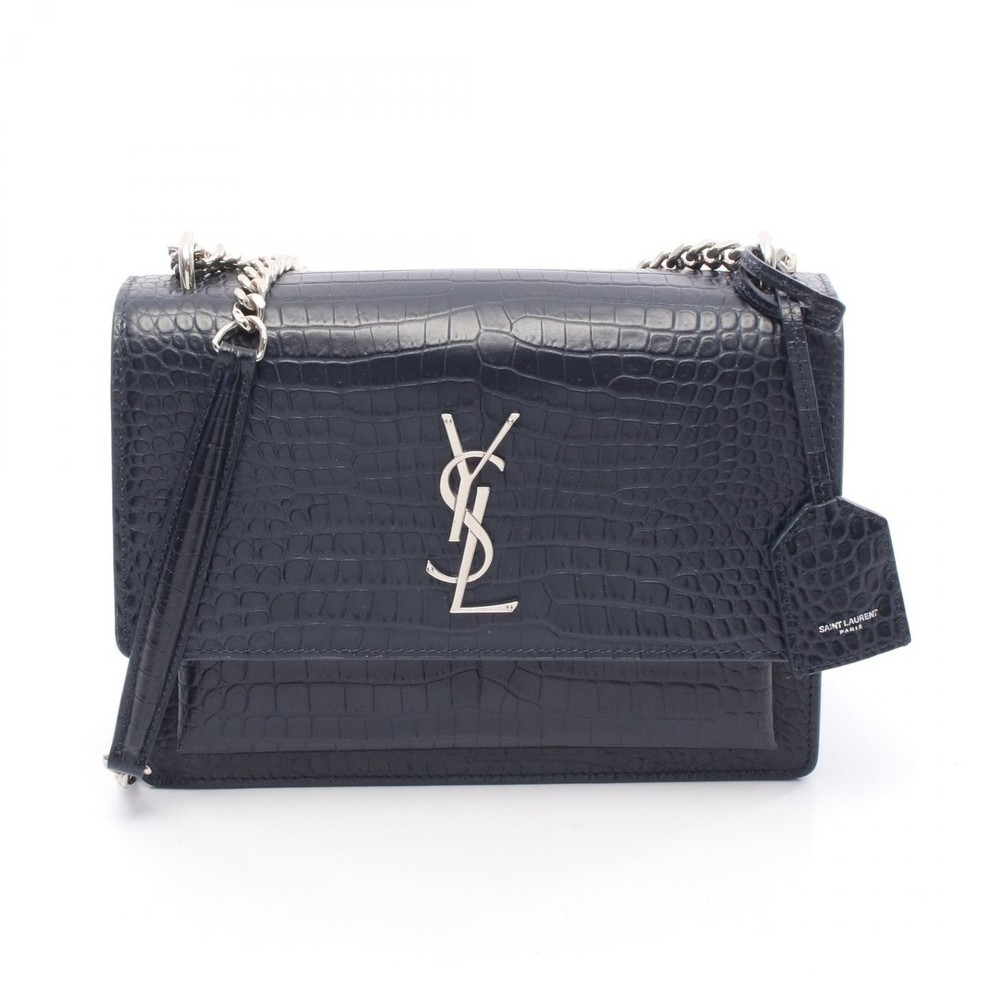 SAINT LAURENT Navy Leather Sunset Crossbody Bag with Chain Strap for Women