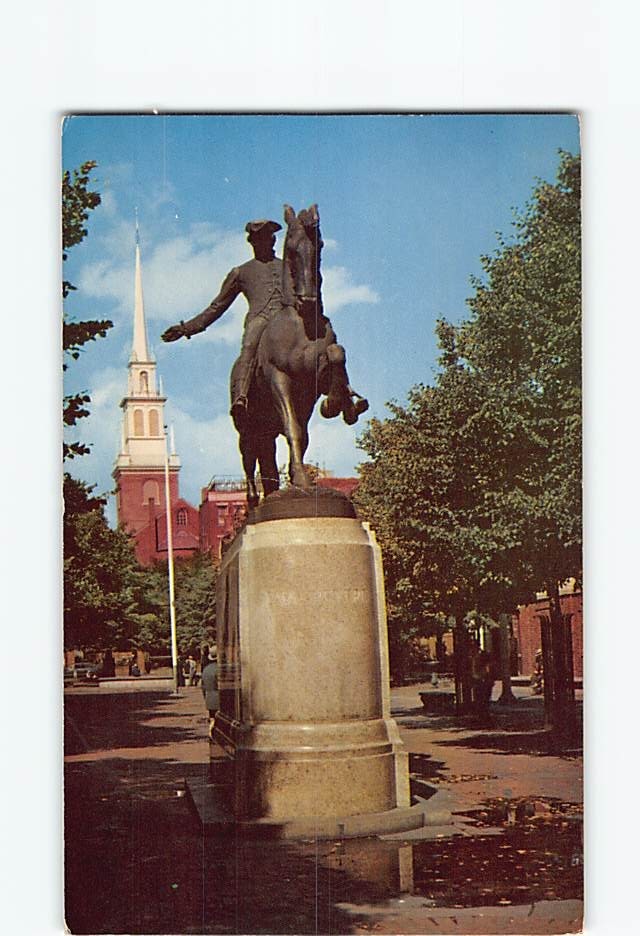 Postcard Old North Church and Paul Revere Statue Salem St. Boston Massachusetts