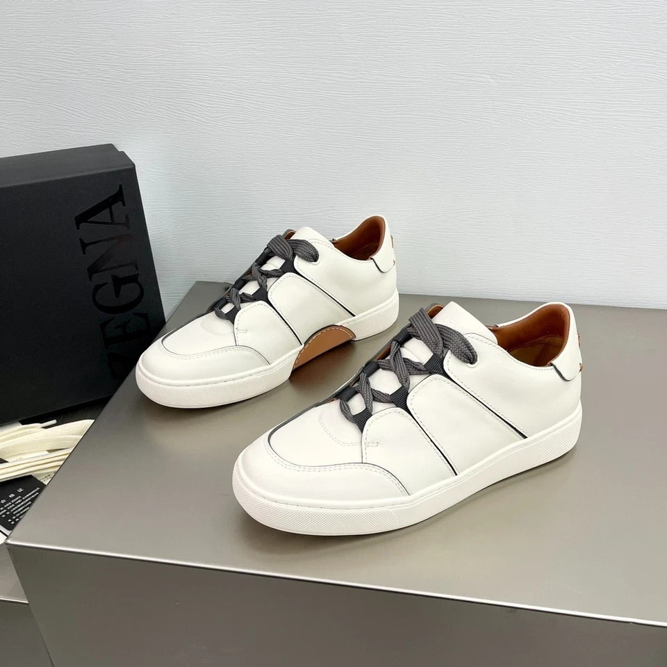 Zegna Mens White Smooth Leather Low Top Lace Up Court Sneakers Shoes EU39-EU 45