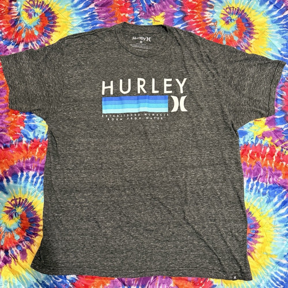 Grey Hurley graphic tee with blue and white logo #surf