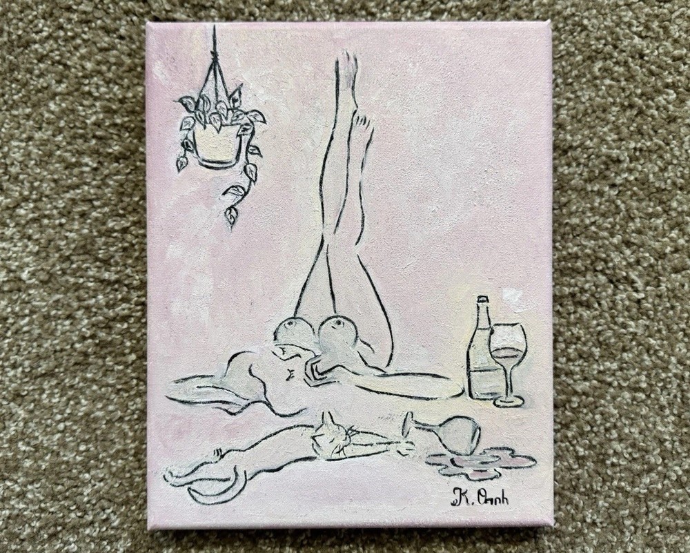 ORIGINAL OIL PAINTING OUTLINE NUDE WOMAN & CAT ON STRETCH CANVAS SIGNED 8x10