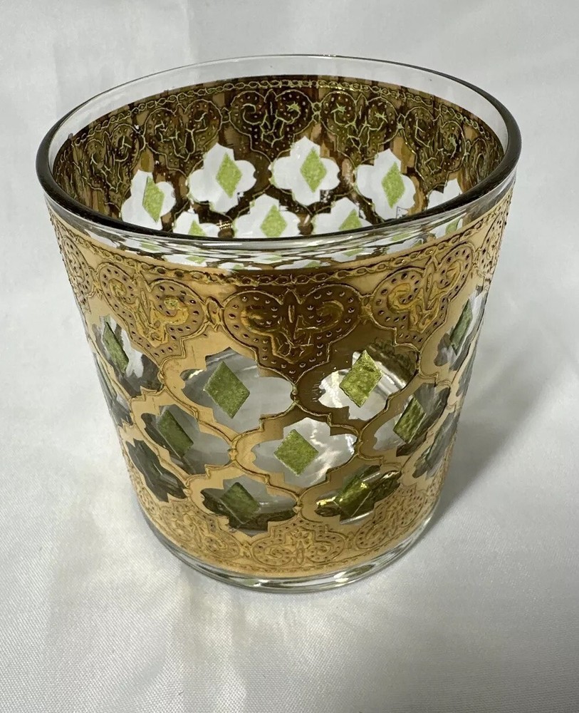 Culver Valencia Lowball Glass Gold & Green Diamond 3 1/2