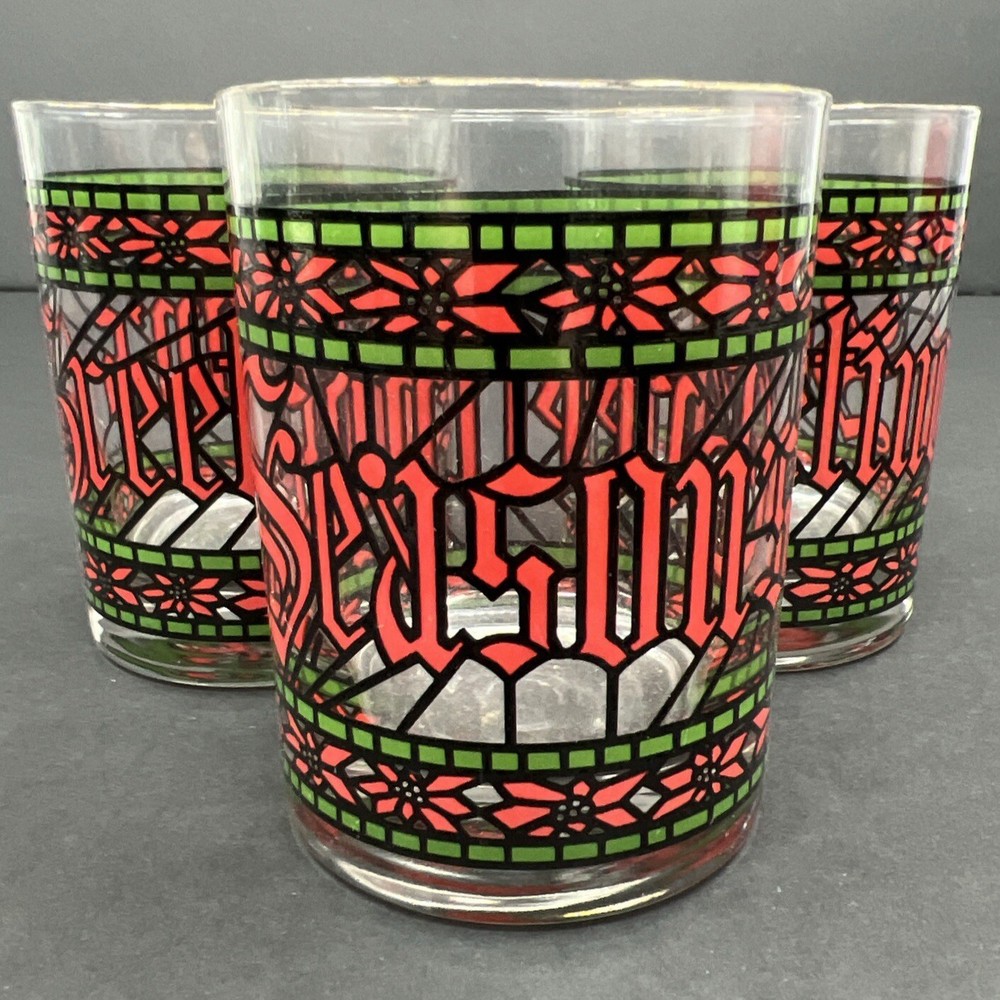Houze Vintage Seasons Greetings Stained Glasses Tumblers Cups Lot Of 3