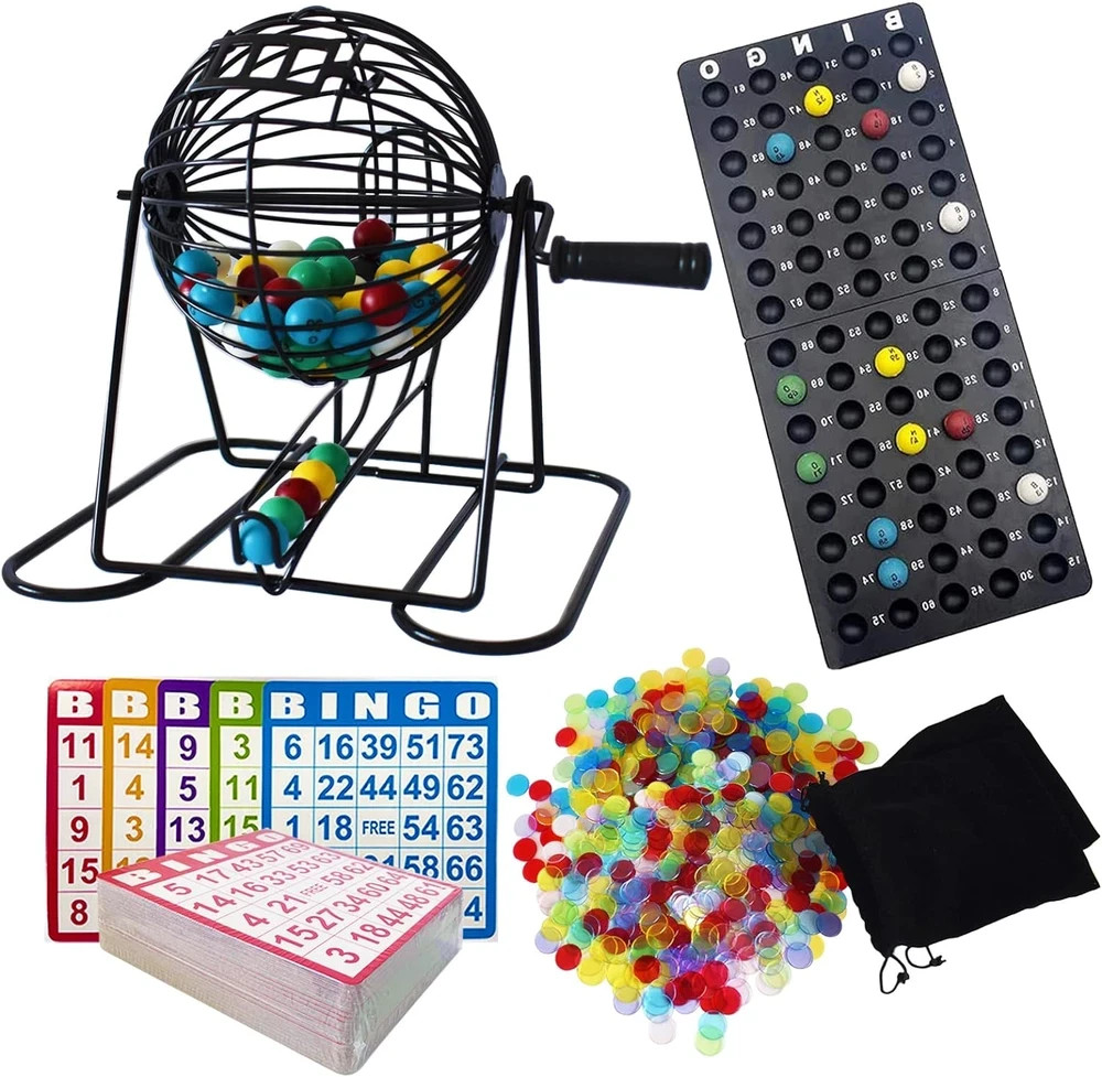 Deluxe Bingo Game Set with Metal Cage 75 Balls 100 Cards 500 Chips Master Board