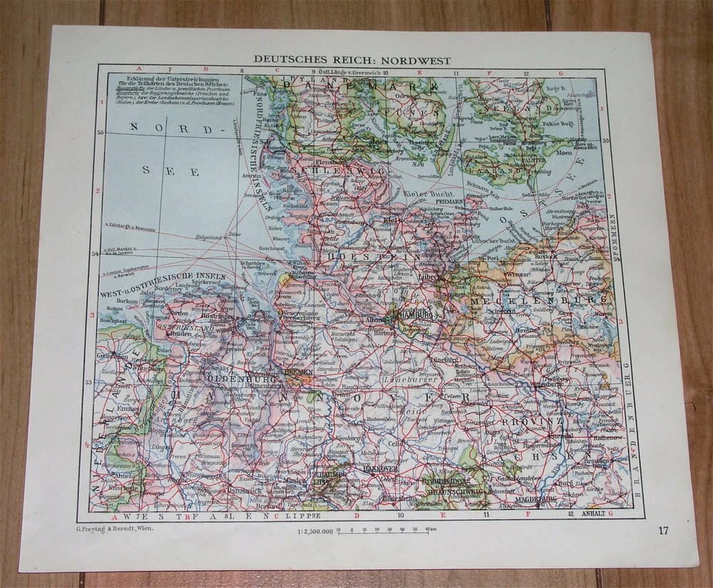 1929 Vintage Map Of Northern Germany Hamburg Schleswig-Holstein Stettin Posen