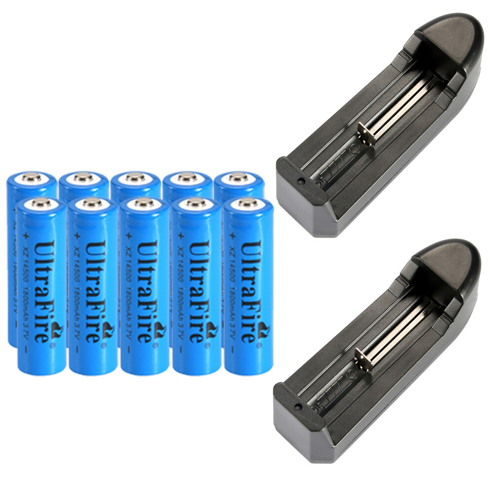 10pcs 14500 Battery 3.7V UltraFire 1800mAh Rechargeable Cell +2pcs Charger