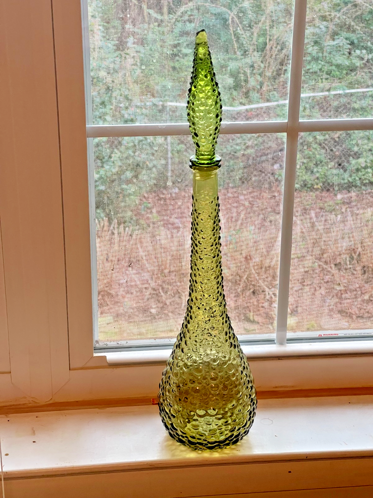 Vtg MCM Empoli Green Hobnail Glass Genie Bottle Decanter w Stopper Italy 22.5