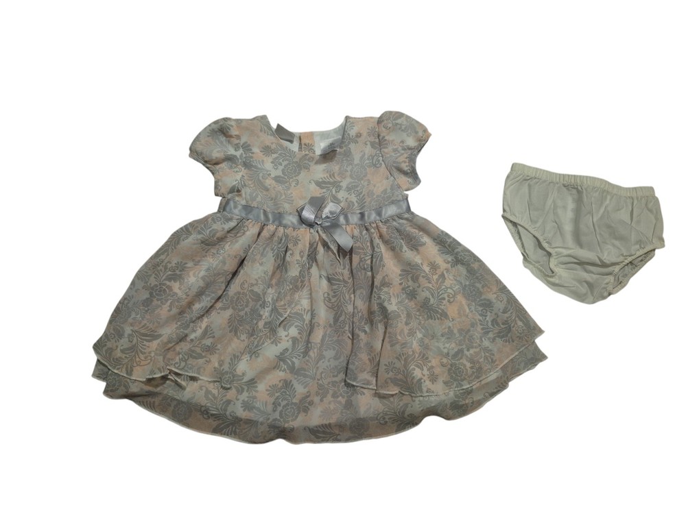 FAO Floral Dress Set Gray Beige Bloomers Girls 12M 2 Piece Bow Casual