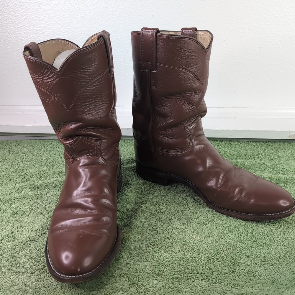 Justin 90s Brown Roper Cowboy Boots Men Size 10.5 E Cognac 3802