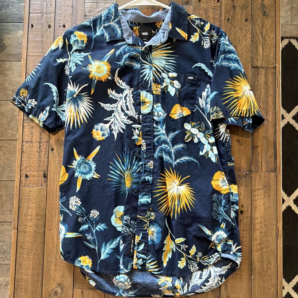 VANS Men's Classic Fit Blue Floral Hawaiian Woven SS Button-Up Pockets S
