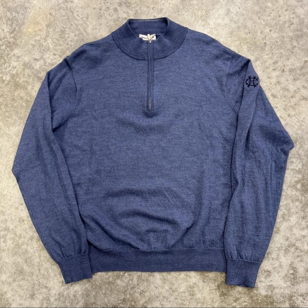 Peter Millar Sweater Mens XL Blue Merino Wool Quarter Zip Pullover Golf Logo