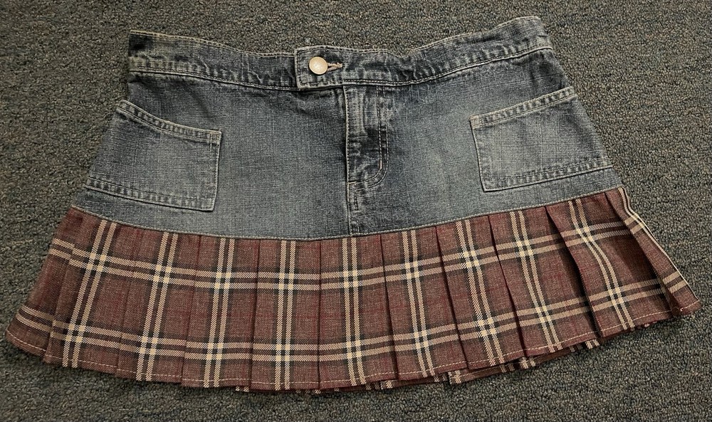Y2K Charlotte Russe Denim Mini Skirt With Pleated Plaid Ruffle Hem Sz  5