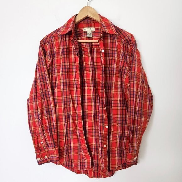 Vintage Eddie Bauer Womens Oversized Plaid Shirt XS Button Down Red Pink Orange