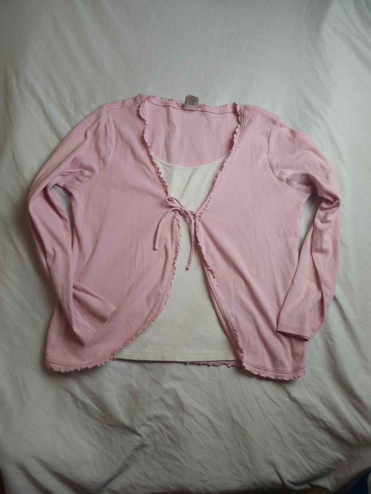 Dollhouse Shrug Cami Set Womens XL Pink White Y2K Tie Front Lettuce Trim Ribbed