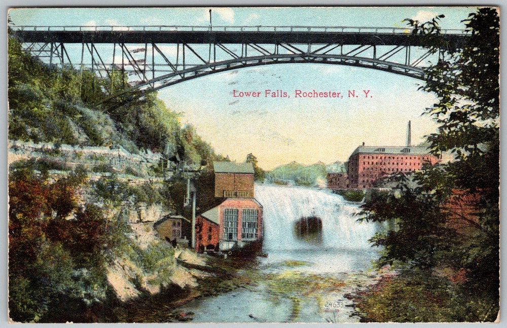 Antique Postcard Lower Falls Bridge Waterfall Rochester, NY 1910s