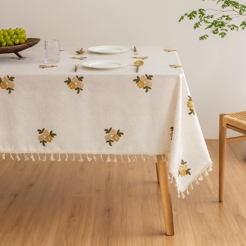 Cream Linen Tablecloth Rectangle 60 x 90 Inch Floral Pattern Embroidered Tabl...
