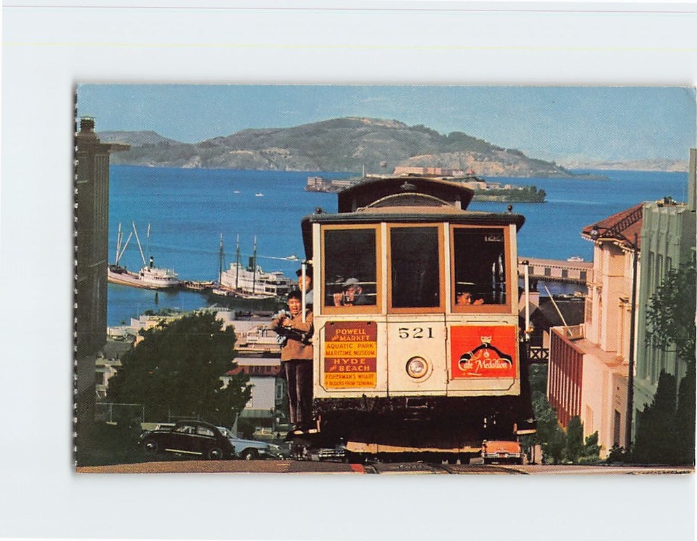 Postcard Cable Car on San Francisco Hill California USA