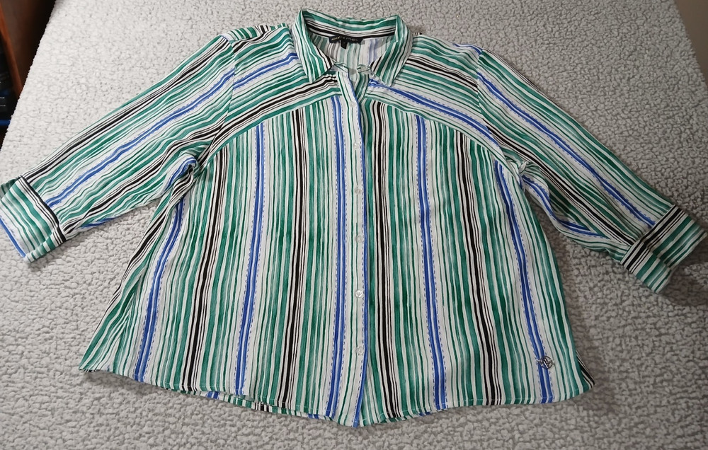 Adrienne Vittadini Womens Blouse 2X Blue Teal Stripes 3/4 Sleeve Button Up