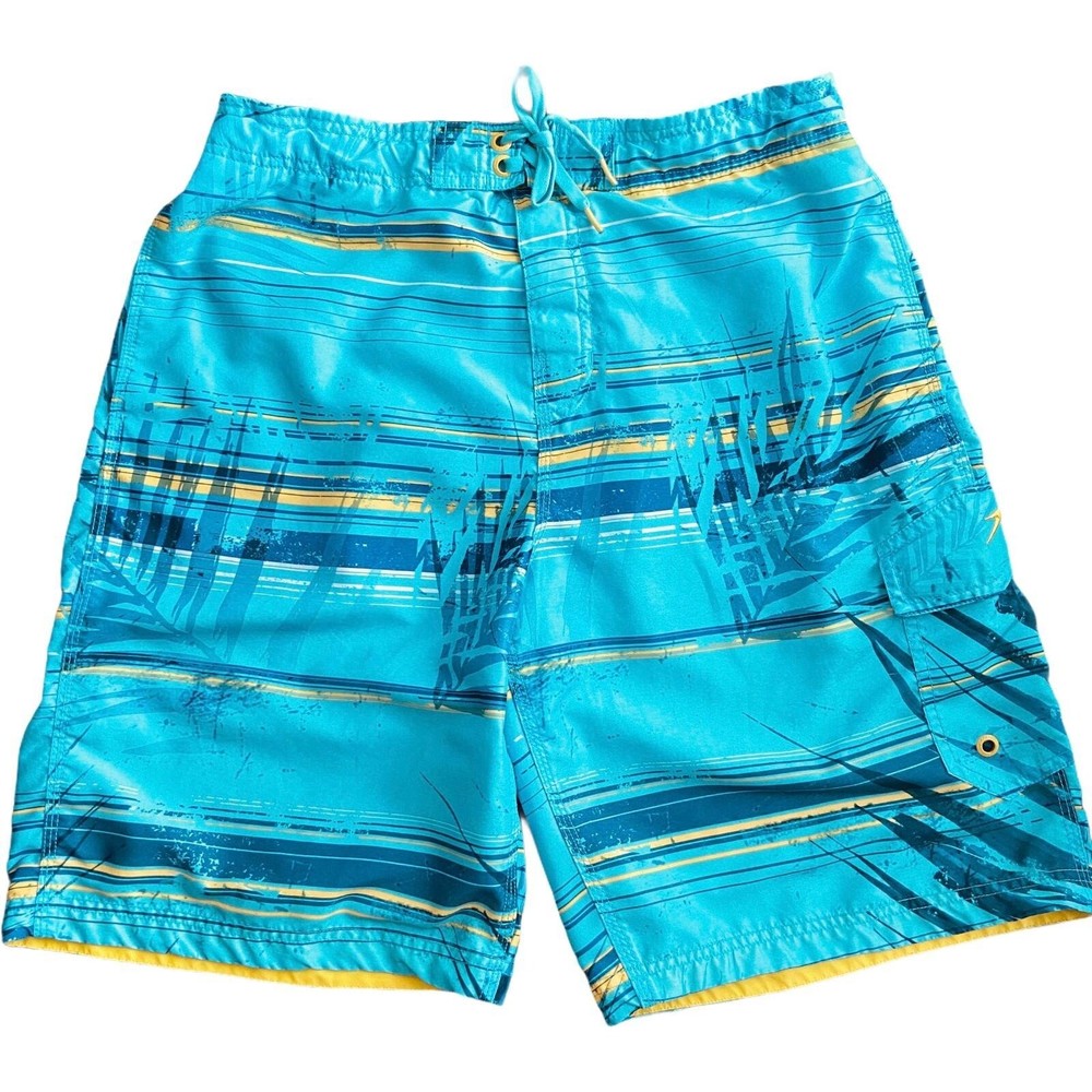 Speedo Abstract Palm Leaf Mens L Swim Trunks Shorts Blue Mesh Lined-image