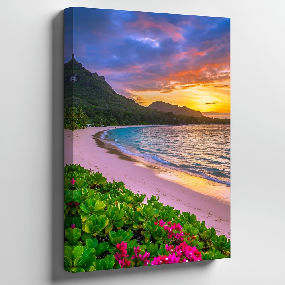Wall Art Vibrant Tropical Beach Scene At Sunset, Featuring A Serene Shoreline