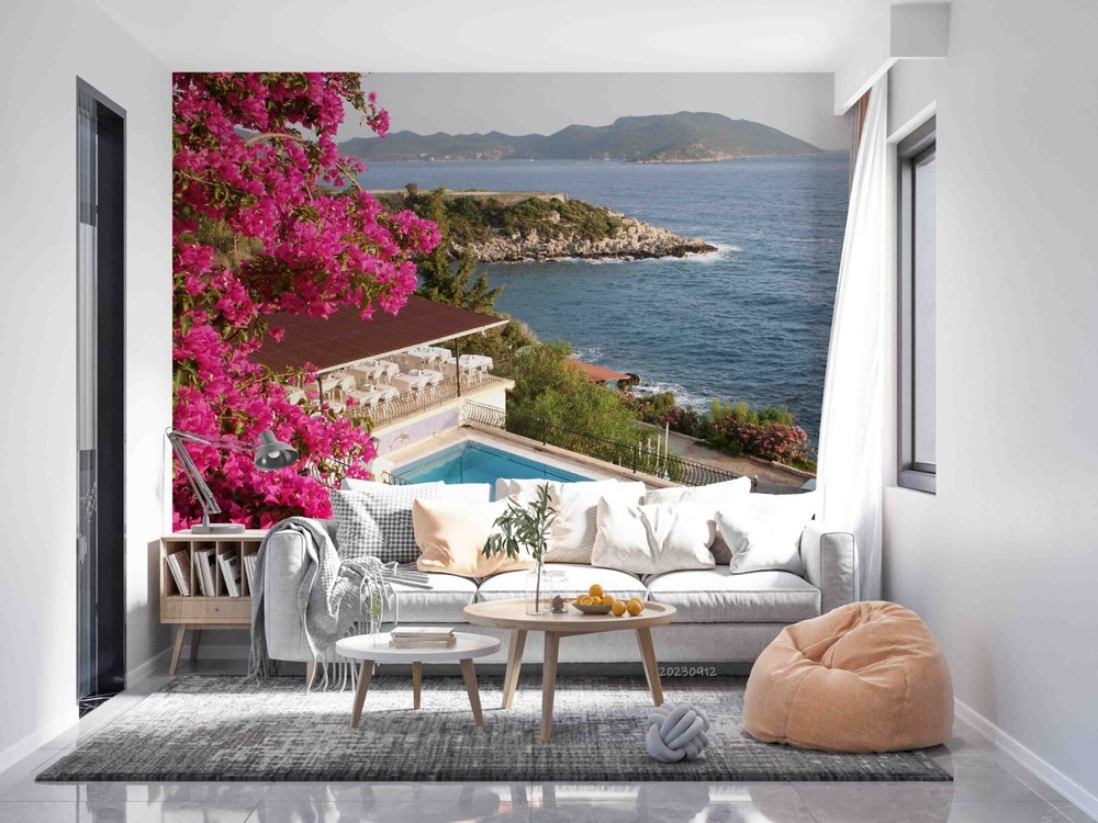 3D Sea Mountains Pink Floral Nature Wall Murals Wallpaper Murals Wall Sticker