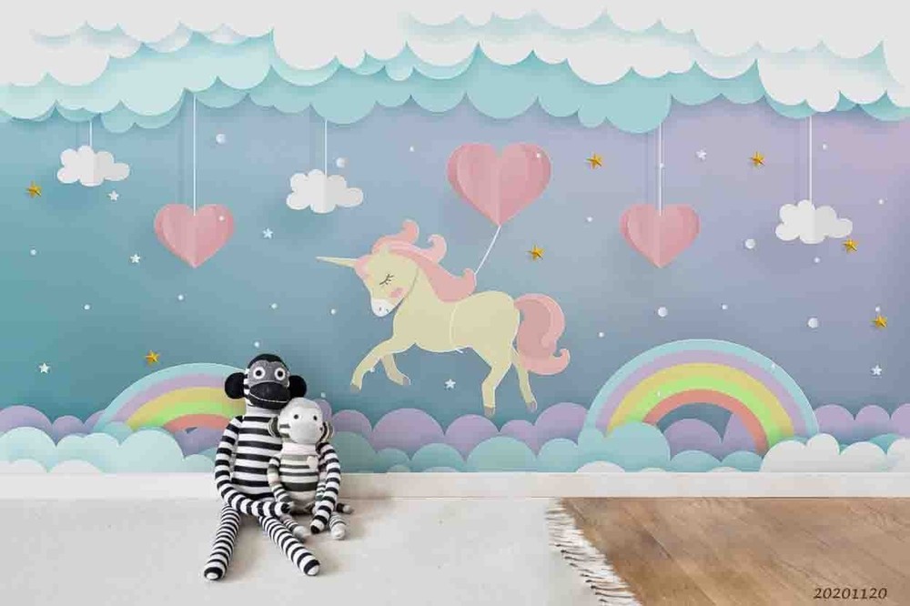 3D Unicorn Clouds Paper-Cut Style Wall Murals Wallpaper Murals Wall Sticker
