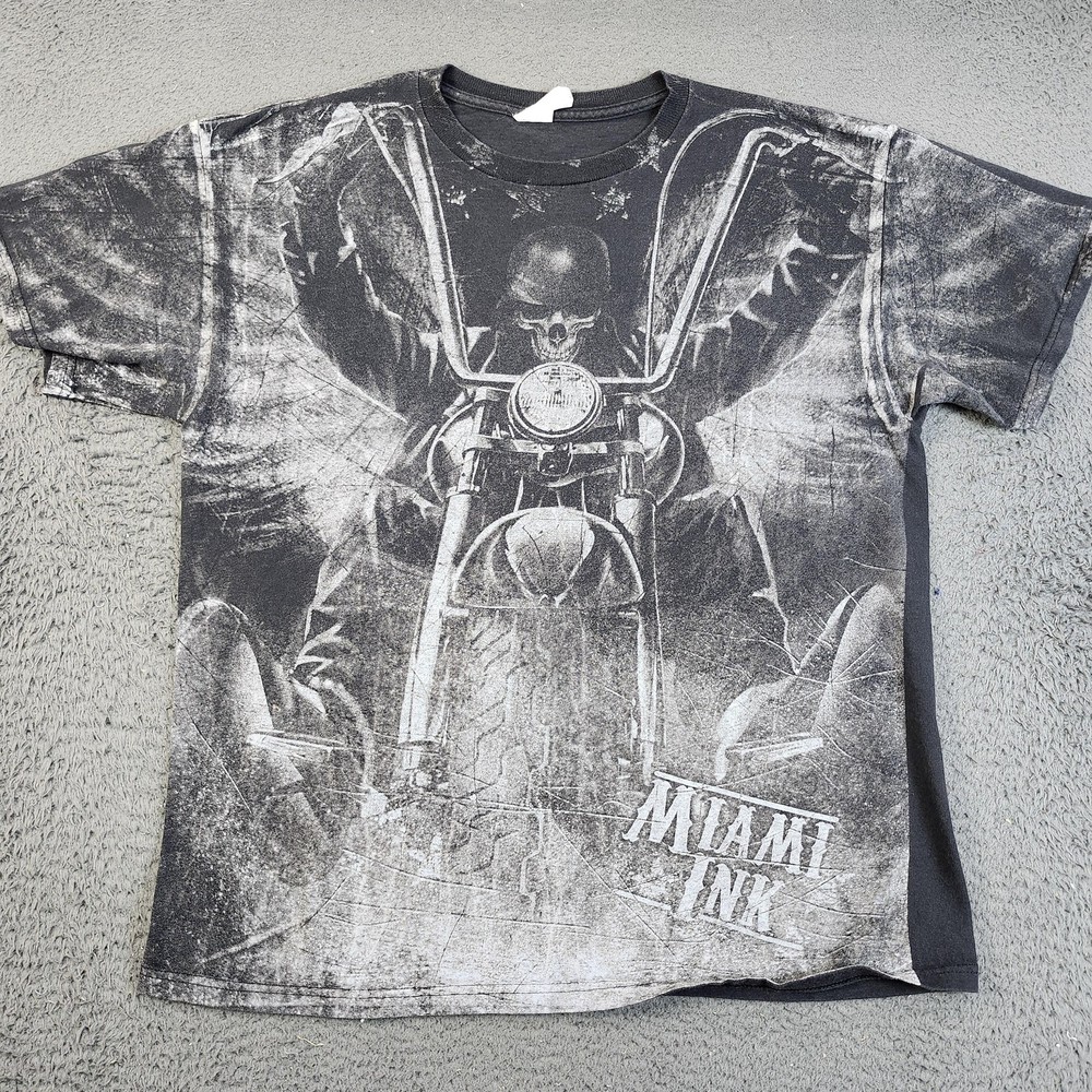 Miami Ink Shirt Mens Large Black Skull Motorcycle All Over Graphic Tattoo Tee