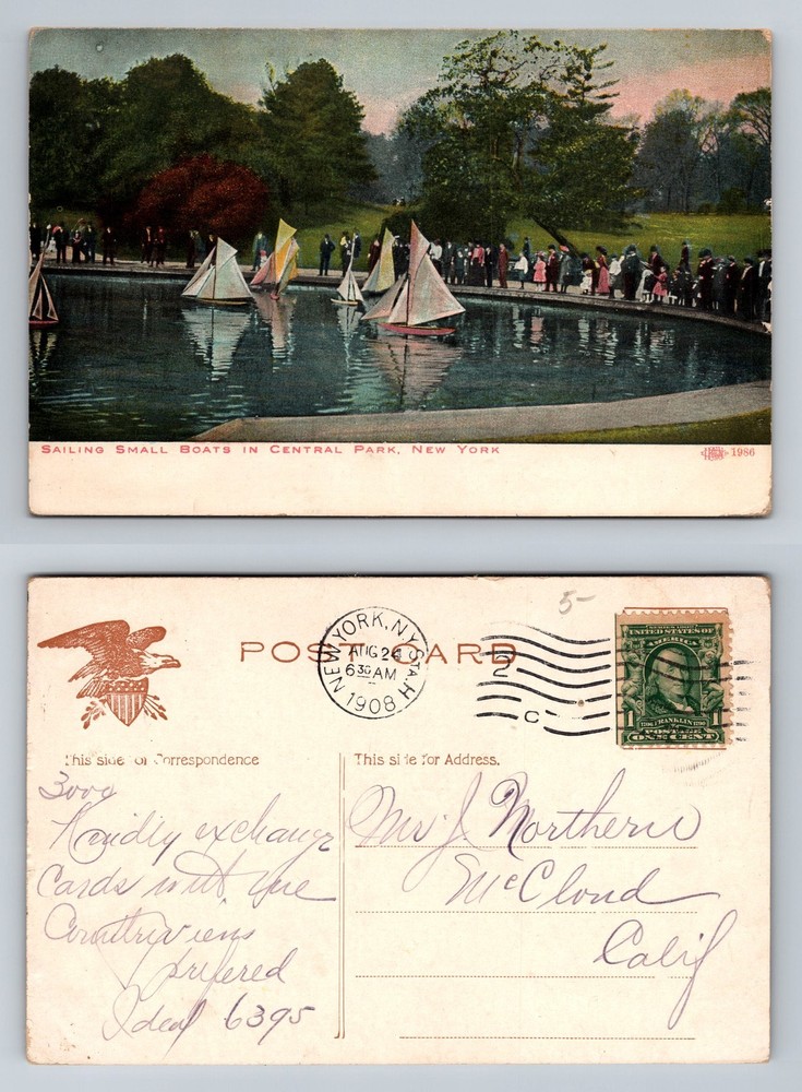 New York City NY, Sailing Small Boats in Central Park Vintage c1908 Postcard