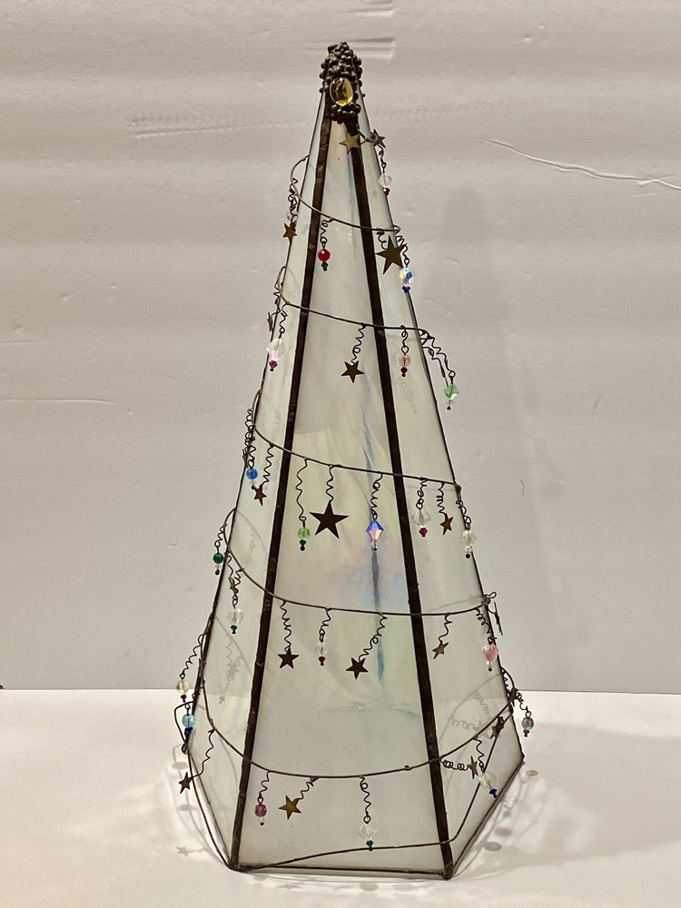VTG 18” Artisan Crafted 5 Panel Stained Glass Christmas Tree With Bead Ornaments