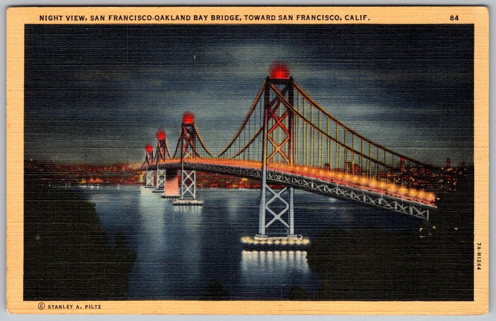 Vtg Linen Postcard Bay Bridge Night View San Francisco, CA 1930s
