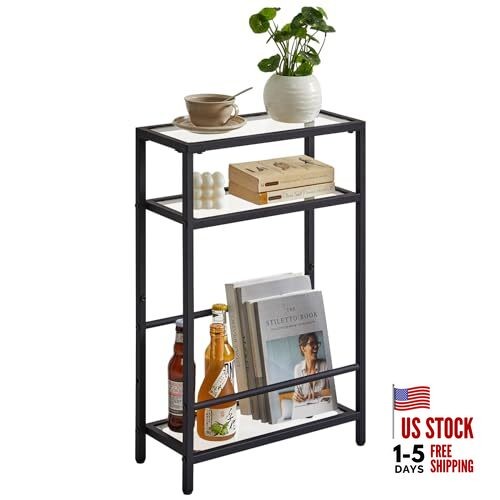 Narrow Side Table with Storage Shelf, 3 Tier Slim End Table,Modern Glass Black