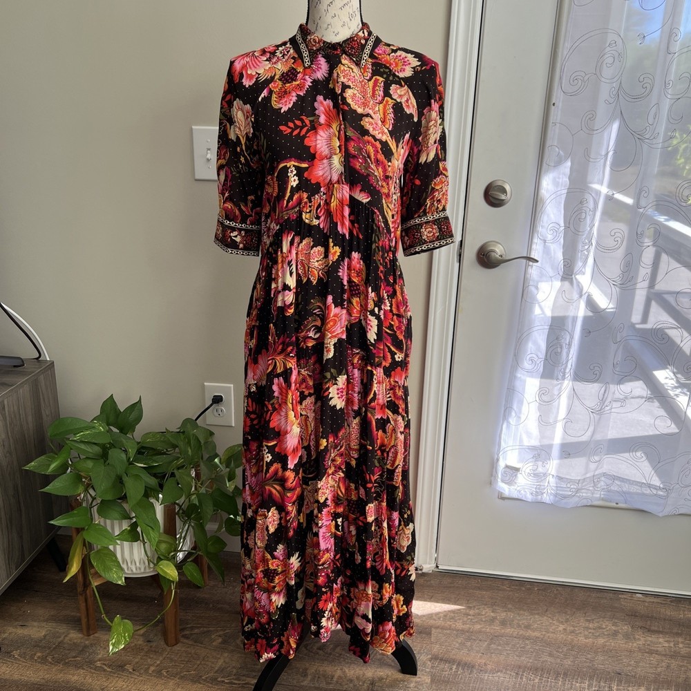 A Loves A Button Front Tiered Midi Dress XS Floral Print Flowy Boho Cottagecore