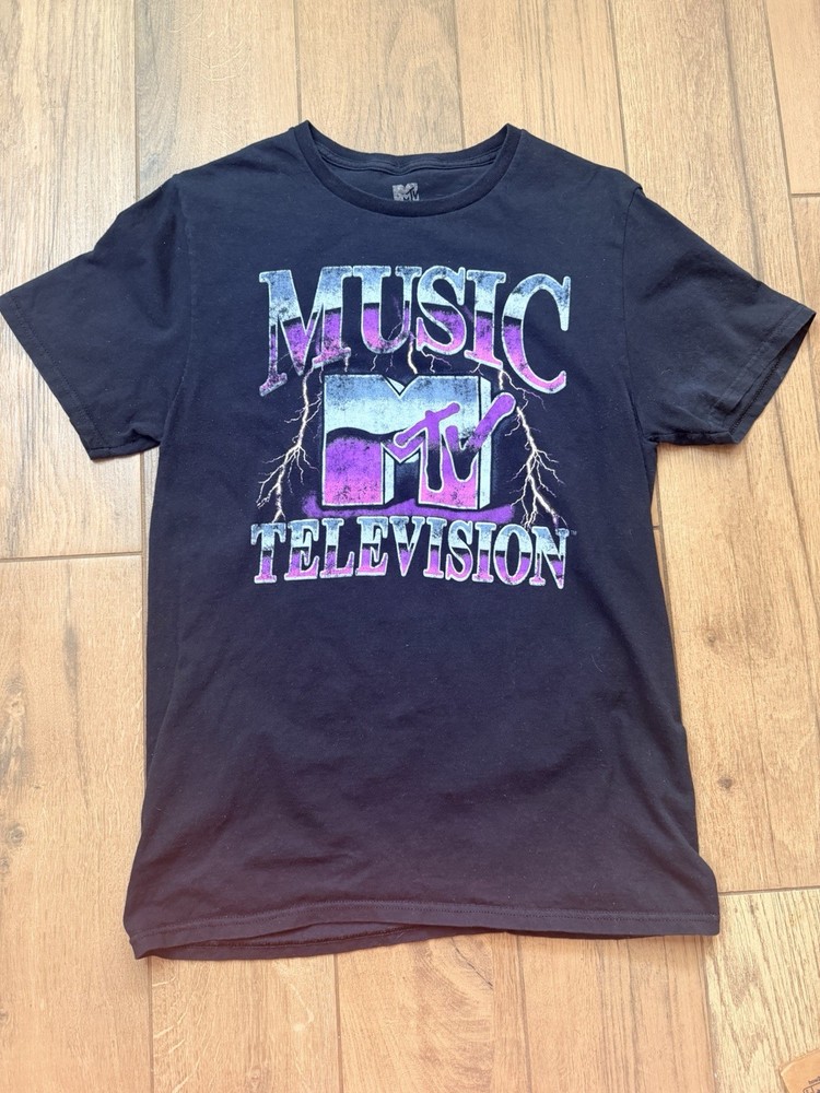 MTV Music Television Shirt Mens Size Medium M Black Retro Lightning Logo Graphic