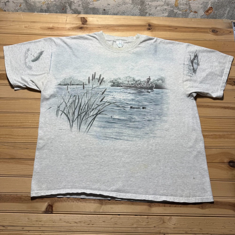Vintage 90s Mercer Wisconsin Loon Fishing Graphic Heather Souvenir T-Shirt - XXL
