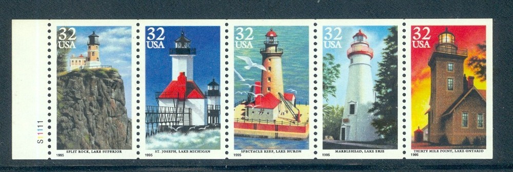 US 2969-2973 Great Lakes Lighthouses, Plate # S11111, Pane of 5, Mint NH
