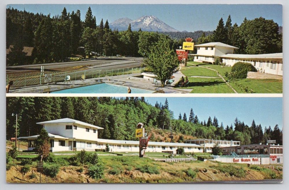 Vintage Oak-Lo Motel Dunsmuir CA Postcard Mt. Shasta View Best Western 1960s