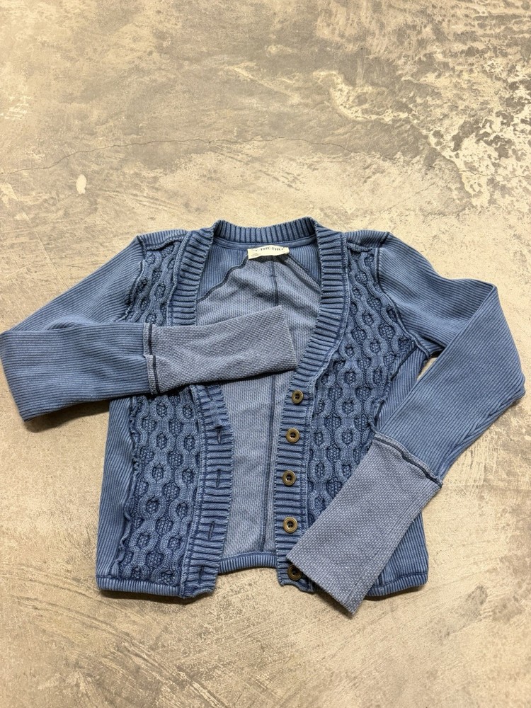 Free People Bonfire Cable Knit Cardi Relaxed Cardigan Crop Sweater Blue Small