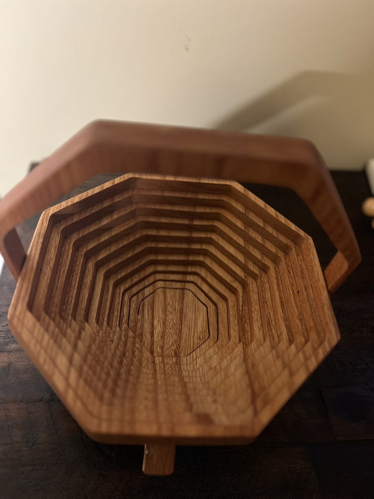 Vintage MCM Handmade Collapsable Wooden Octagon Fruit Basket and Trivet