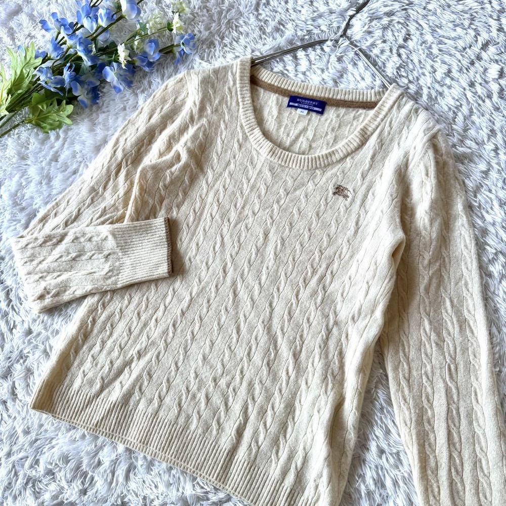 Burberry Blue Label Cable Knit Cashmere Sweater M White Beige Embroidered Logo
