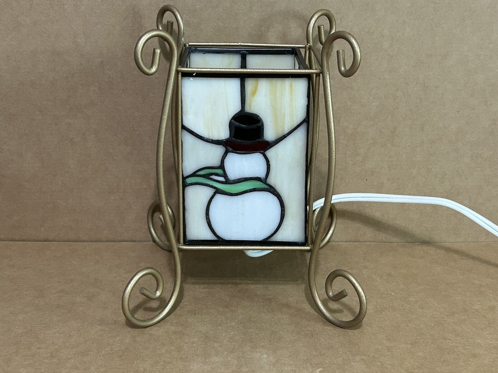 Tiffany Glass Style Vtg Stained Glass Accent Lamp Christmas Tree & Snowmen-Works-image
