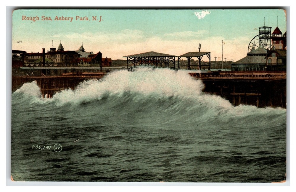 1908 Asbury Park NJ Rough Sea Boardwalk Ocean Pier Vintage Postcard Valentine