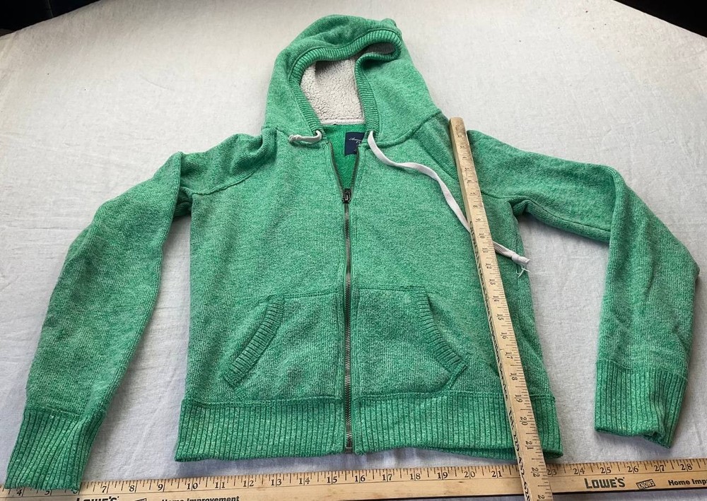 American Eagle Hoodie Womens Small Green Knit Sherpa Lined Full Zip 90s Y2K