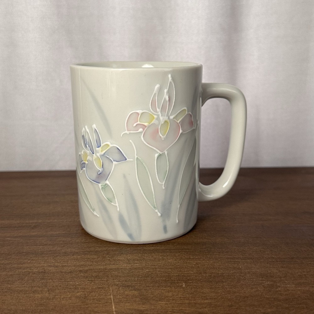 Otagiri Japan Floral Lite Iris Stoneware Mug Hand Painted Flowers Cup Vintage