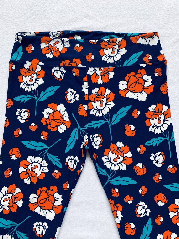 LuLaRoe Buttery Soft Leggings Women Tall and Curvy Blue Orange Floral Print