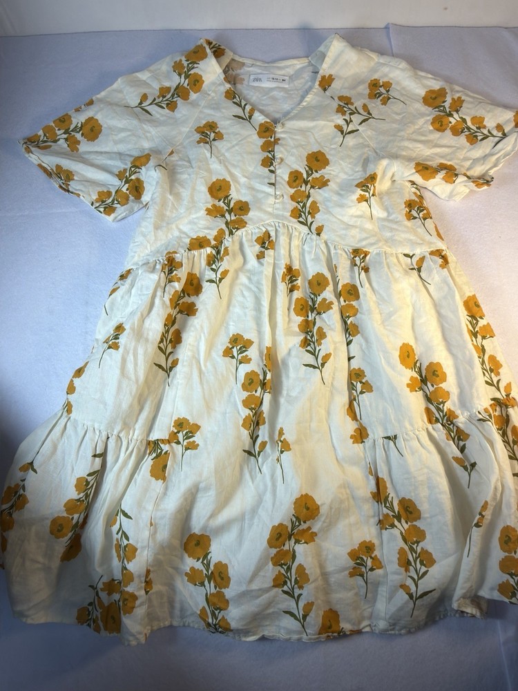 Zara Girls Floral Dress 13-14 Yellow Cottagecore Tiered Cotton Boho