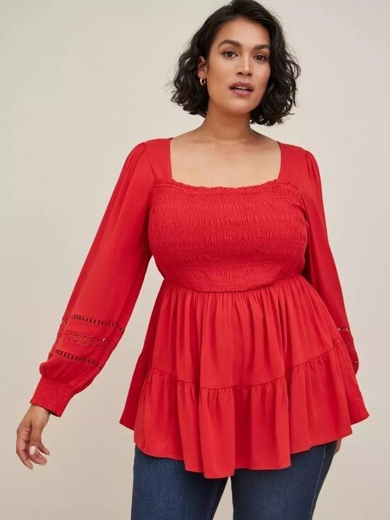 Torrid Babydoll Rayon Slub With Lace Inset Smocked Tiered Top Red Size 1X Boho